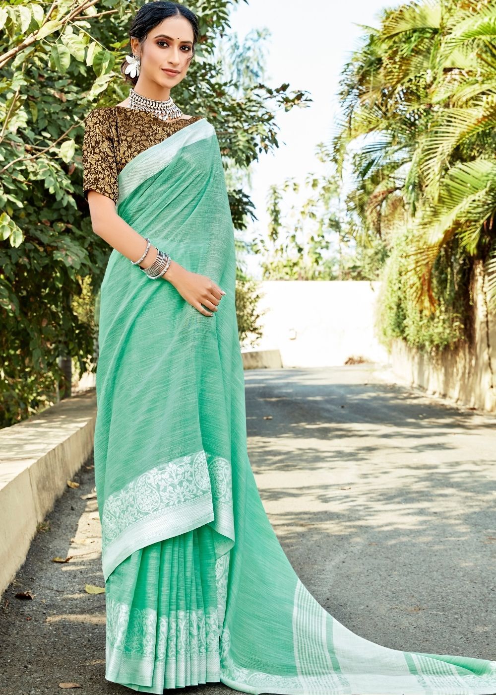 Buy MySilkLove Tradewind Blue Linen Saree Online