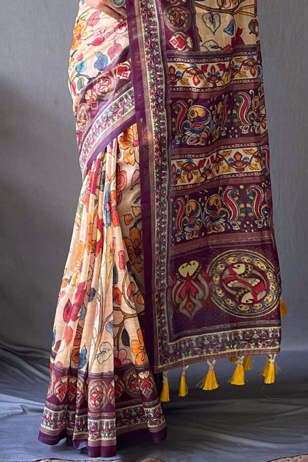 Buy MySilkLove Calico Cream and Red Kalamkari Saree Online