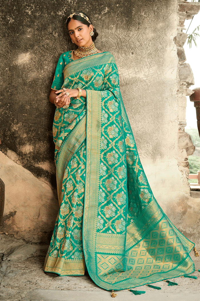 Buy MySilkLove Silver Tree Green Zari Woven Banarasi Saree Online