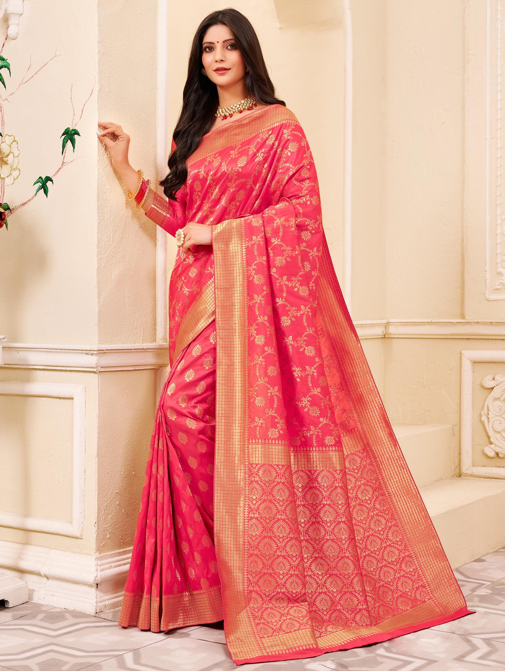 Buy MySilkLove Alizarin Pink Woven Banarasi Saree Online