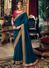 Midnight Blue and Pink Designer Silk Saree