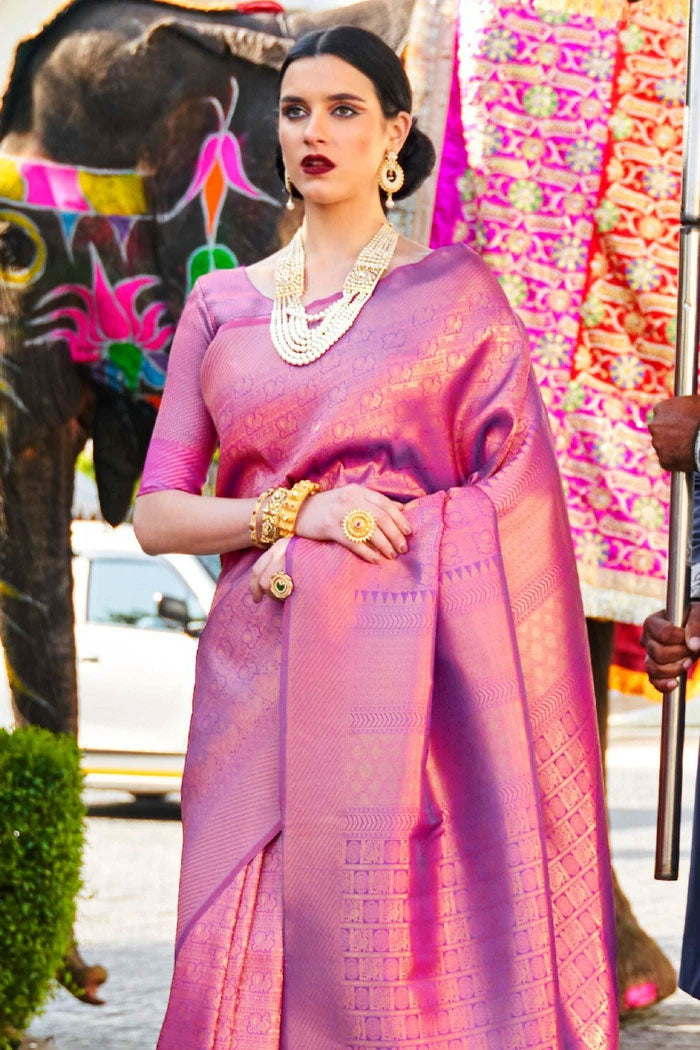 Puce Purple Woven Kanjivaram Saree - MySilkLove
