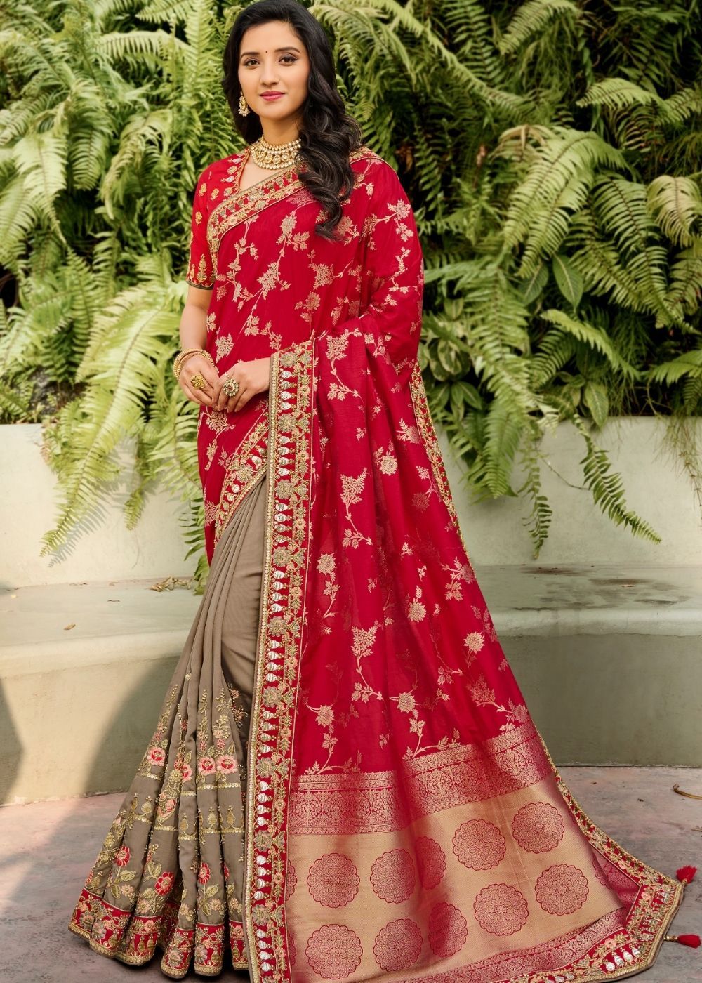 Buy MySilkLove Shiraz Red and Grey Designer Banarasi Saree Online