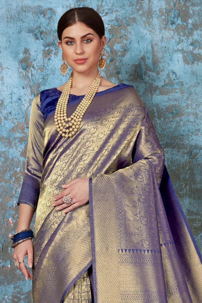 Chambray Blue Golden Woven Kanjivaram Saree - MySilkLove