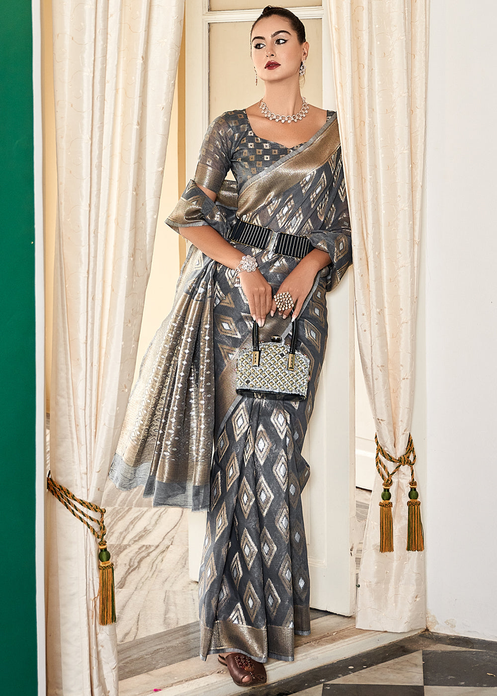 Buy MySilkLove Mine Shaft Grey Woven Banarasi Cotton Modal Silk Saree Online