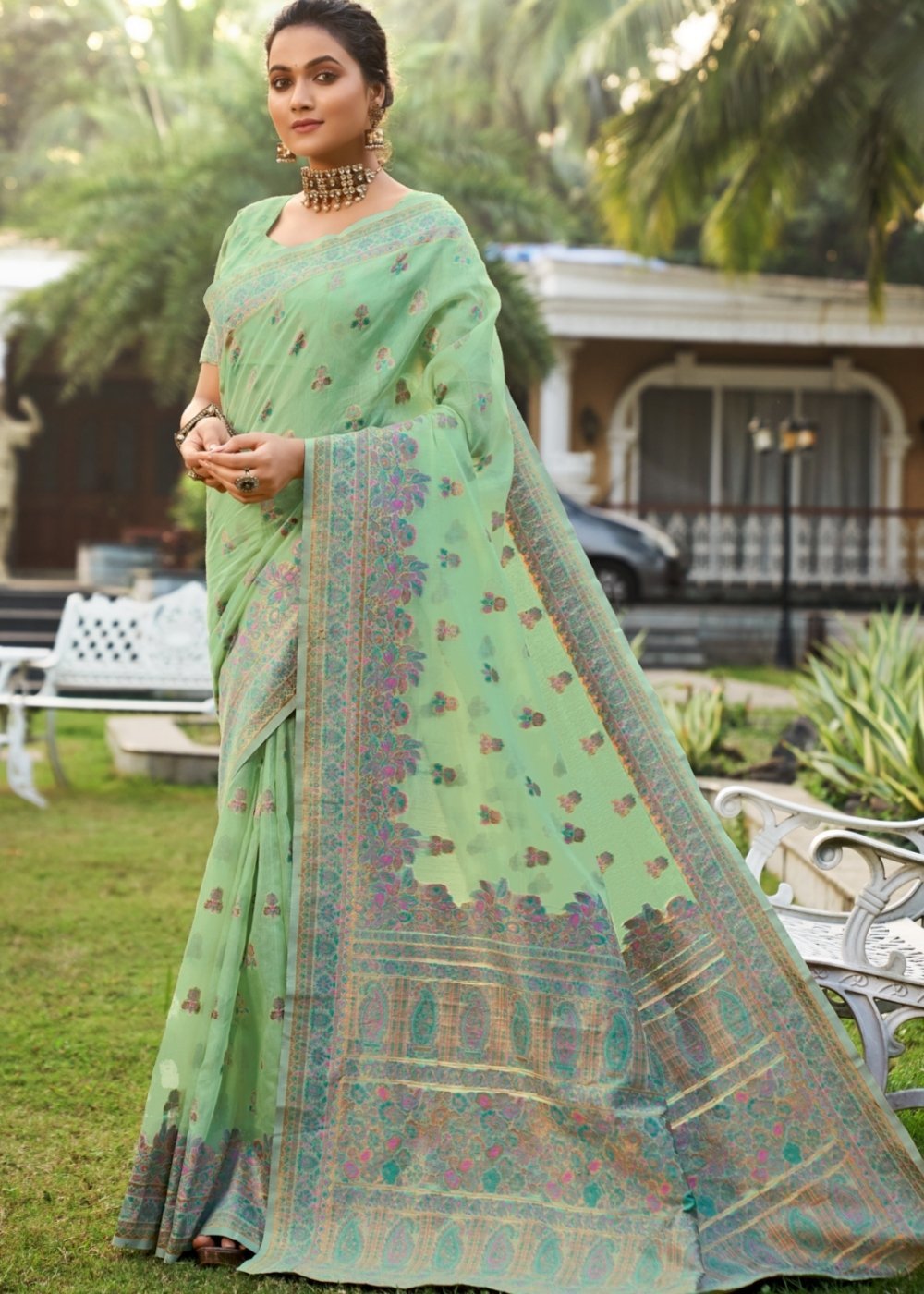 Buy MySilkLove Asparagus Green Kashmiri Weaving Cotton Saree Online