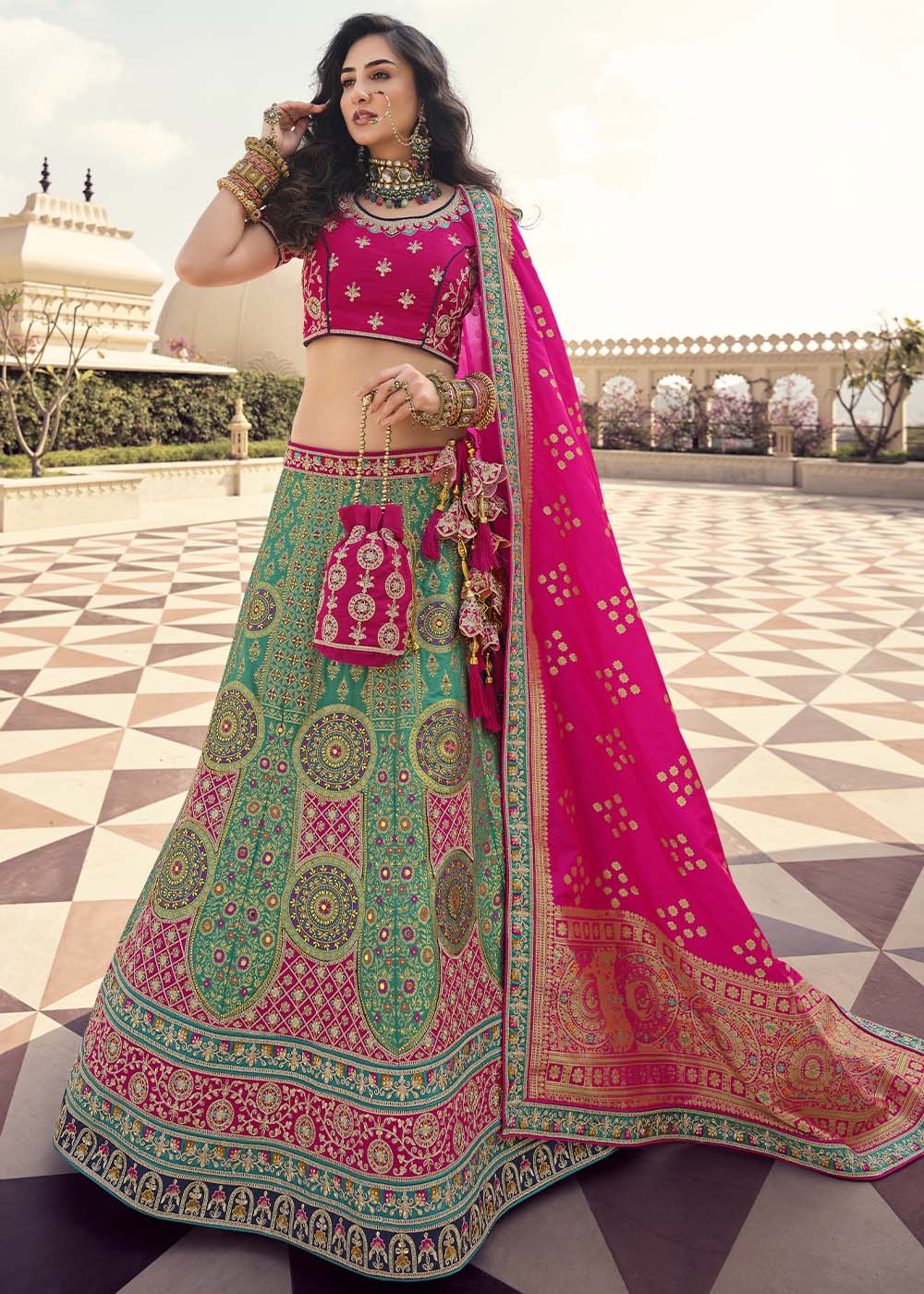 Buy MySilkLove Camouflage Green and Pink Banarasi Silk Lehenga Choli Online