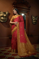 Brown Red and Yellow Zari Woven Kanjivaram Saree