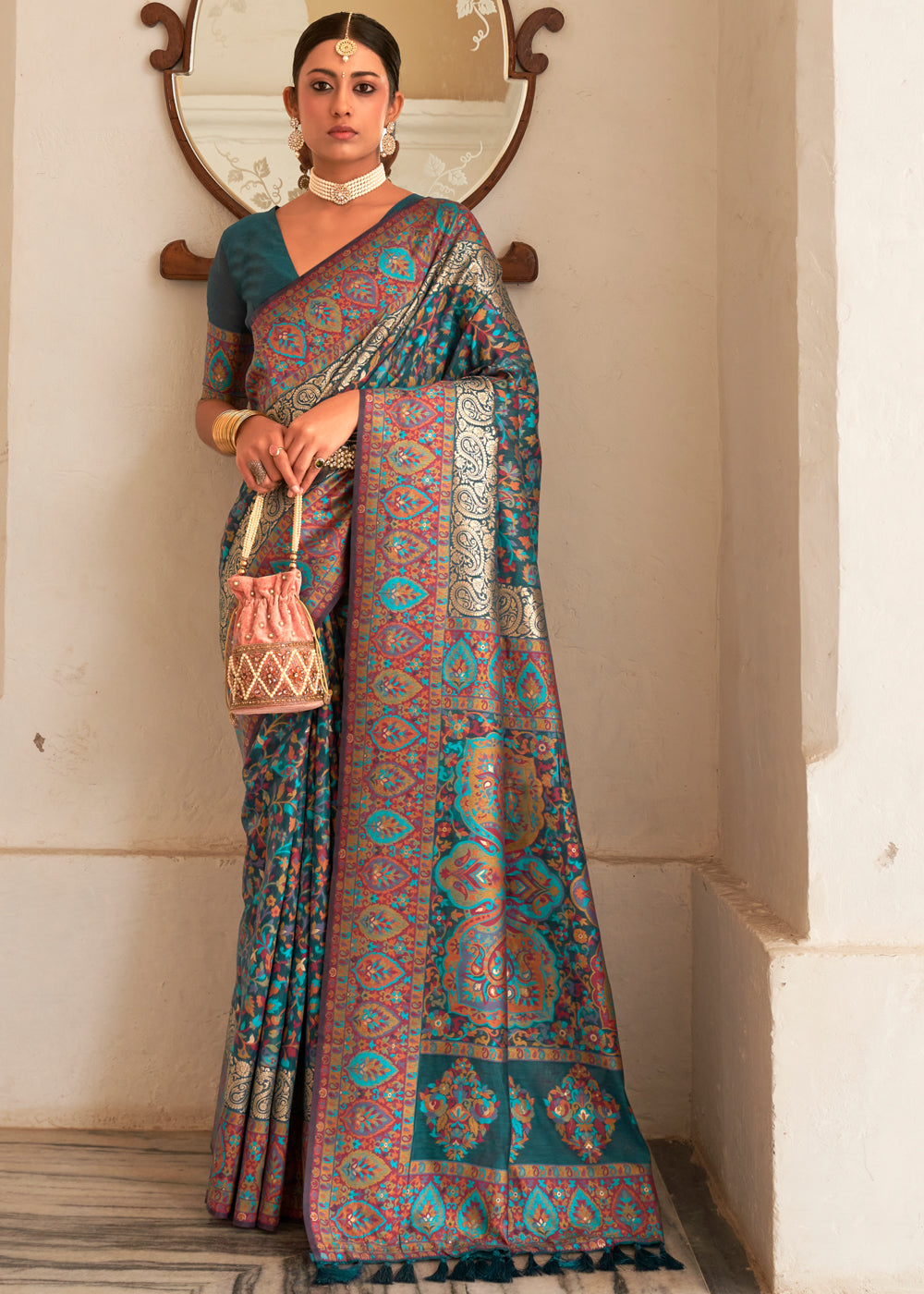 Buy MySilkLove Mirage Blue Woven Banarasi Jamewar Kashmiri Silk Saree Online