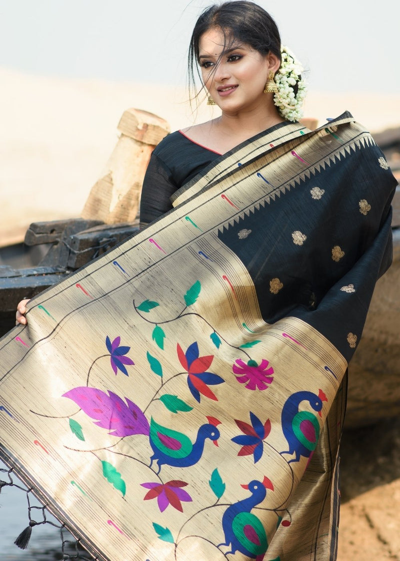 Shark Black Paithani Tussar Silk Saree