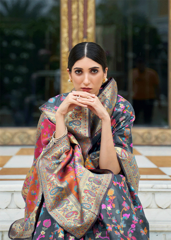 Anchor Grey Kashmiri Jamawar Woven Banarasi silk saree