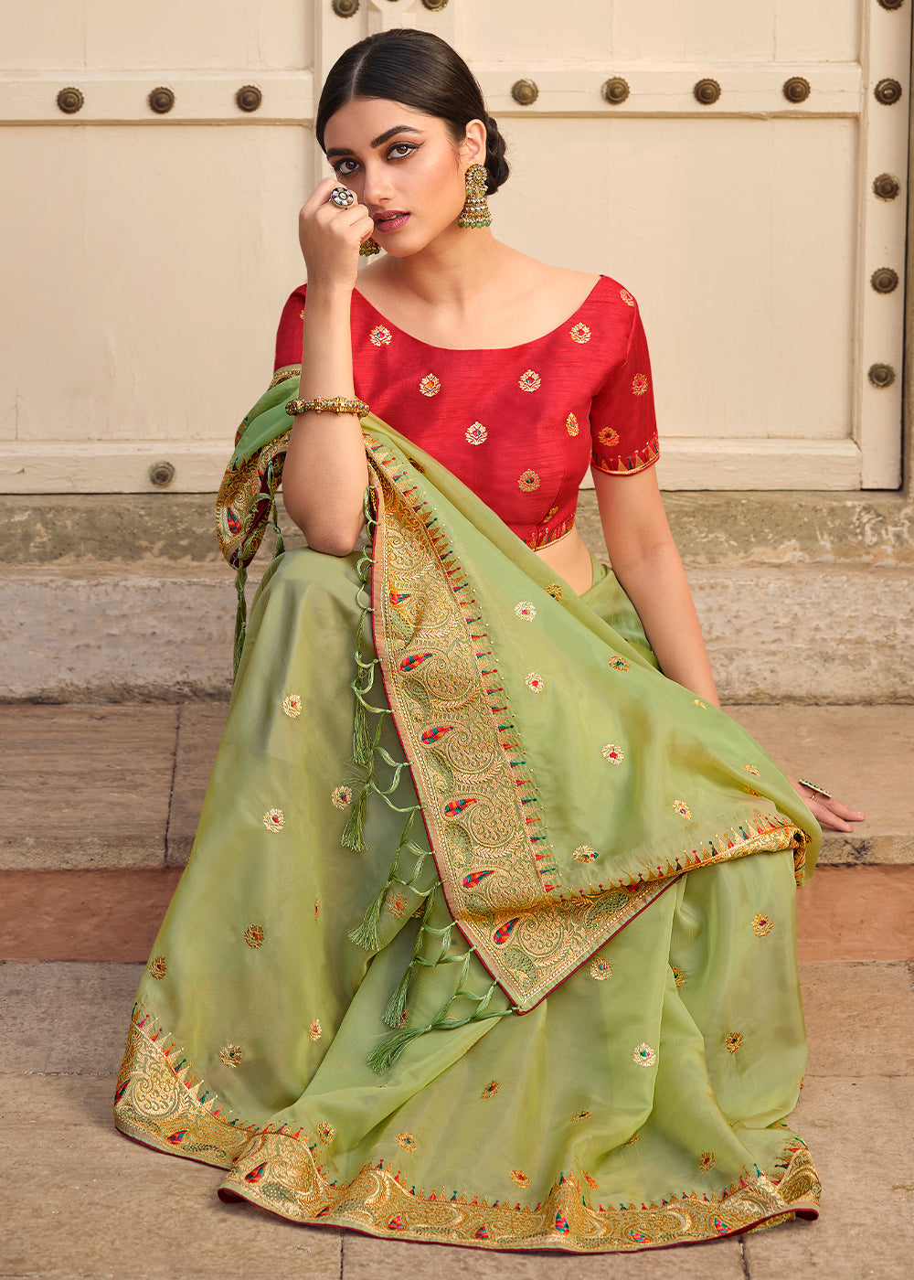 MySilkLove Misty Green Woven Organza Saree with Embroidery Work