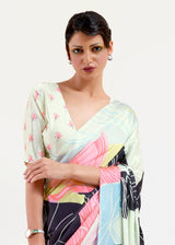 Edgewater White Multicolored Printed Satin Silk Saree