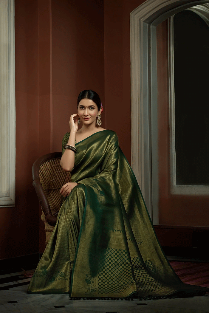 Buy MySilkLove Tom Green Zari Woven Kanjivaram Saree Online