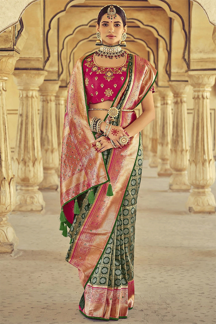 Buy MySilkLove Kelp Green and Pink Zari Woven Kanjivaram Saree with Designer Blouse Online