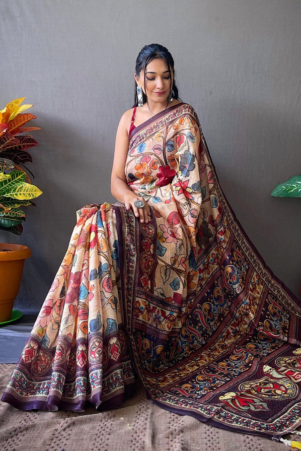 MySilkLove Calico Cream and Red Kalamkari Saree