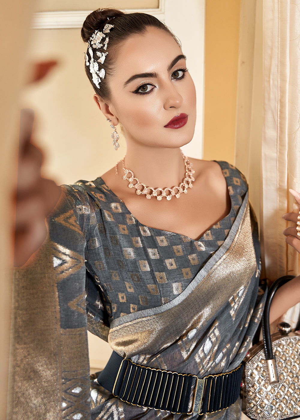 Buy MySilkLove Mine Shaft Grey Woven Banarasi Cotton Modal Silk Saree Online