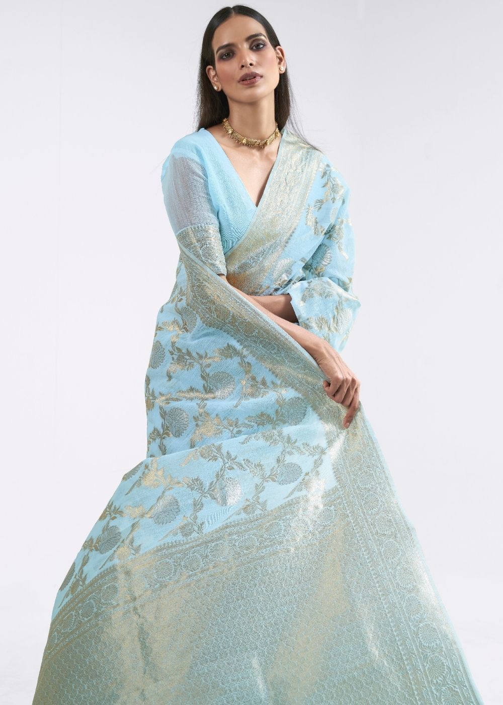 MySilkLove Nepal Blue Zari woven Linen Saree