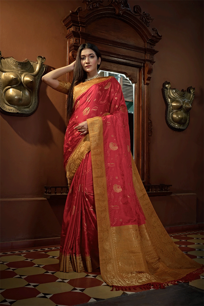 Buy MySilkLove Brown Red and Yellow Zari Woven Kanjivaram Saree Online