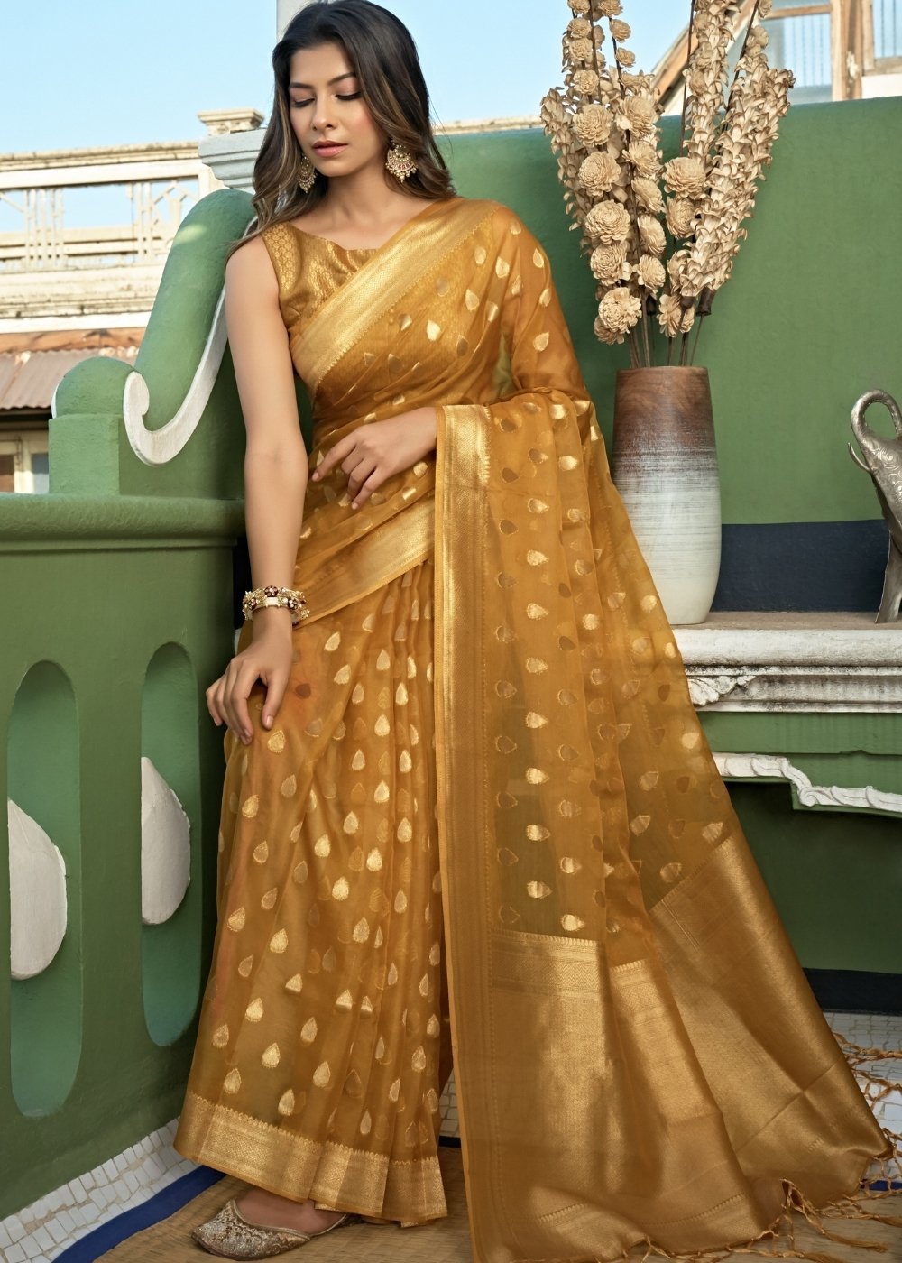 Buy MySilkLove Copper Yellow Handloom Organza Silk Saree Online