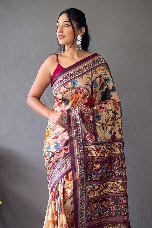 Buy MySilkLove Calico Cream and Red Kalamkari Saree Online