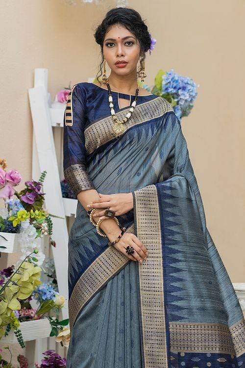 Buy MySilkLove Black Coral Pearl Grey Banarasi Raw Silk Saree Online