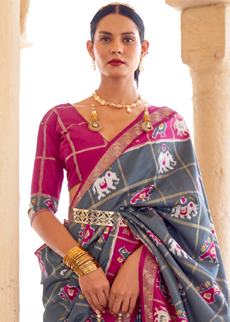 Mid Gray and Pink Printed Patola Silk Saree