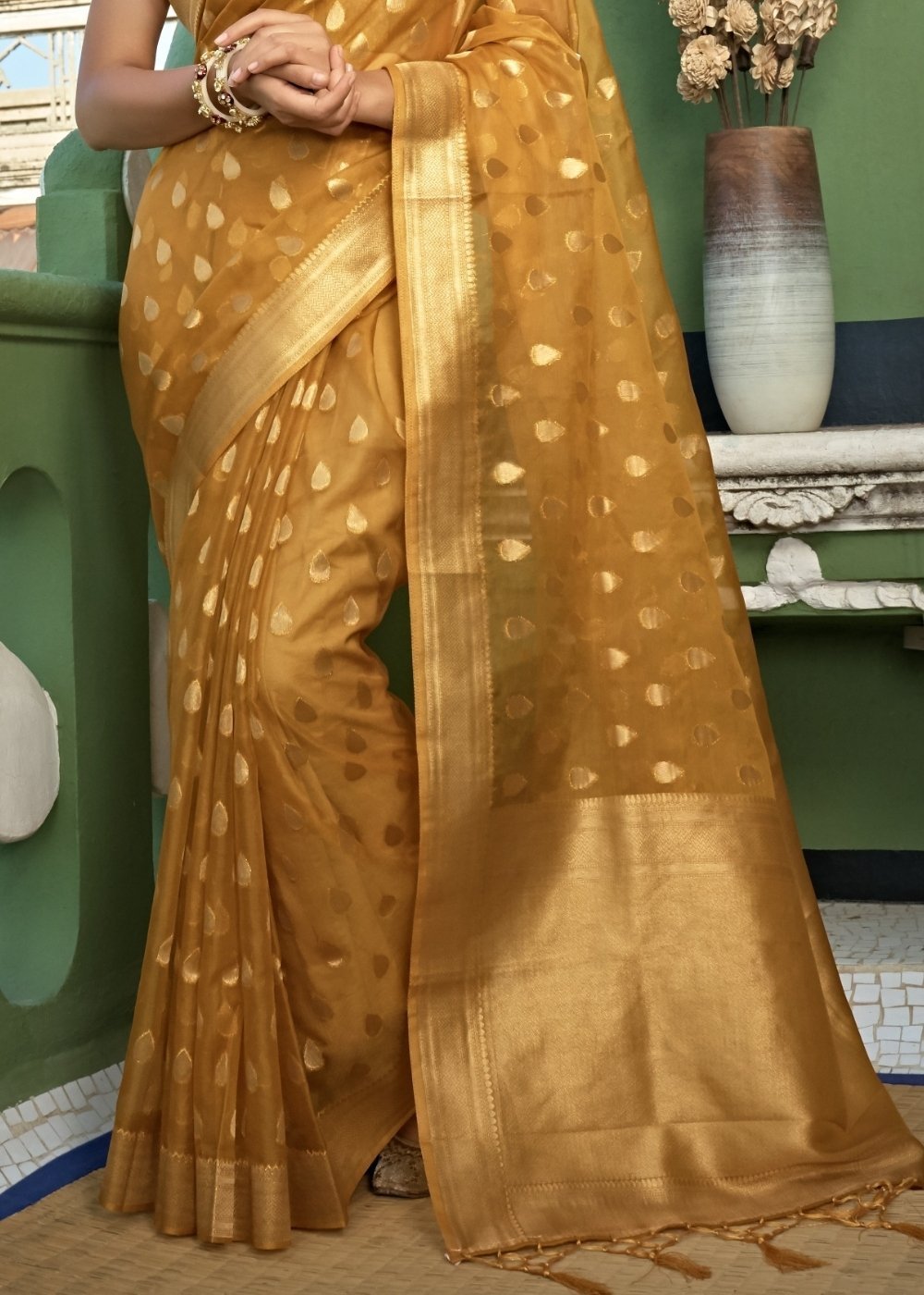 Buy MySilkLove Copper Yellow Handloom Organza Silk Saree Online