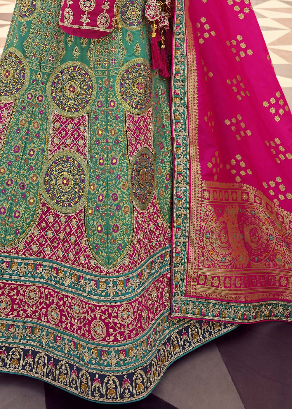 Buy MySilkLove Camouflage Green and Pink Banarasi Silk Lehenga Choli Online