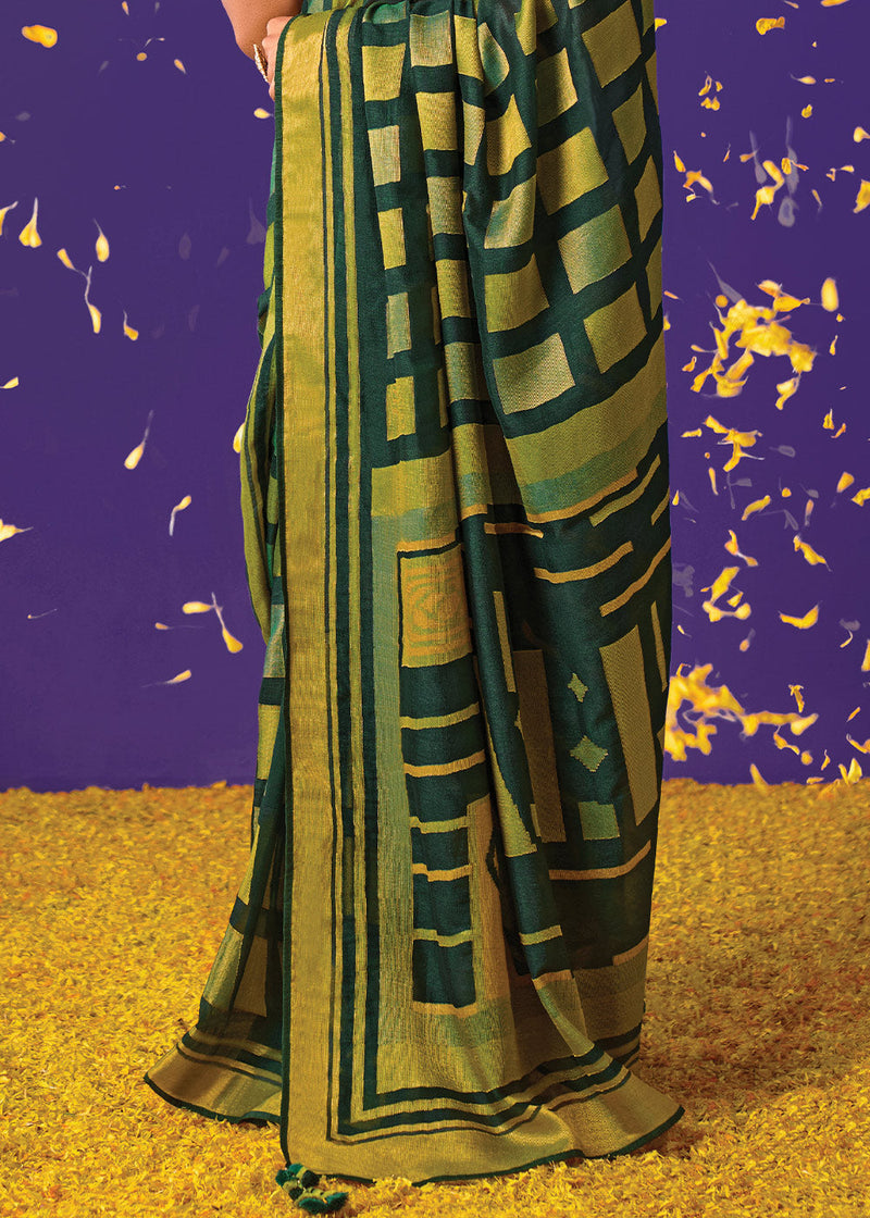 Palm Leaf Green Printed Paithani Saree With Embroidered Blouse