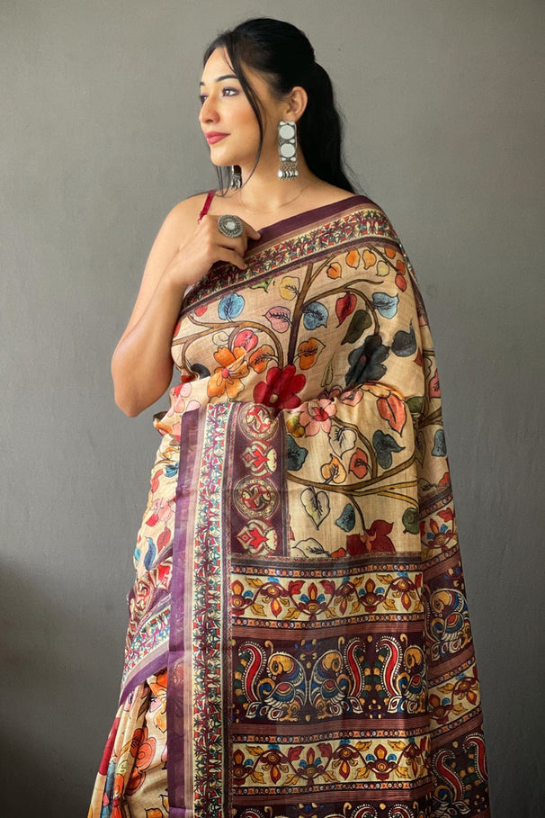 Buy MySilkLove Calico Cream and Red Kalamkari Saree Online