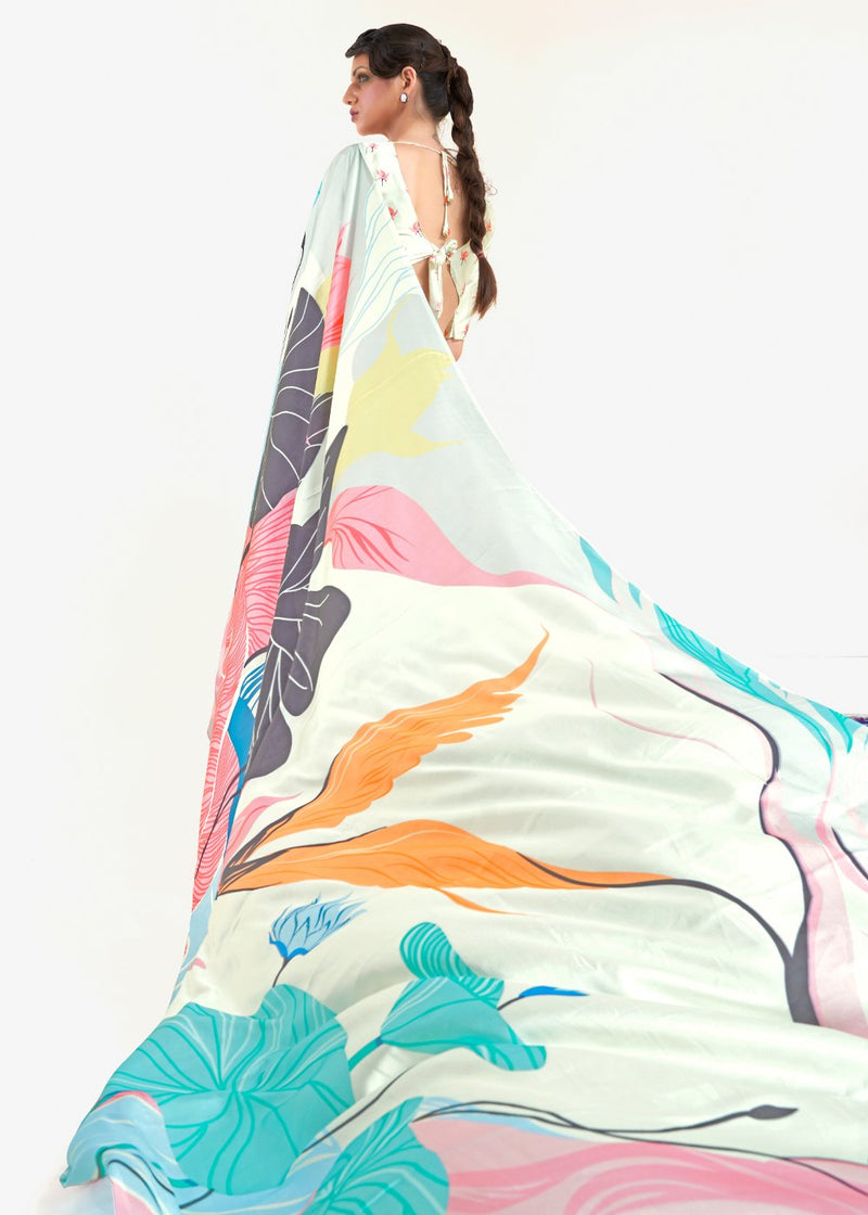 Edgewater White Multicolored Printed Satin Silk Saree