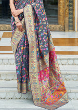Anchor Grey Kashmiri Jamawar Woven Banarasi silk saree