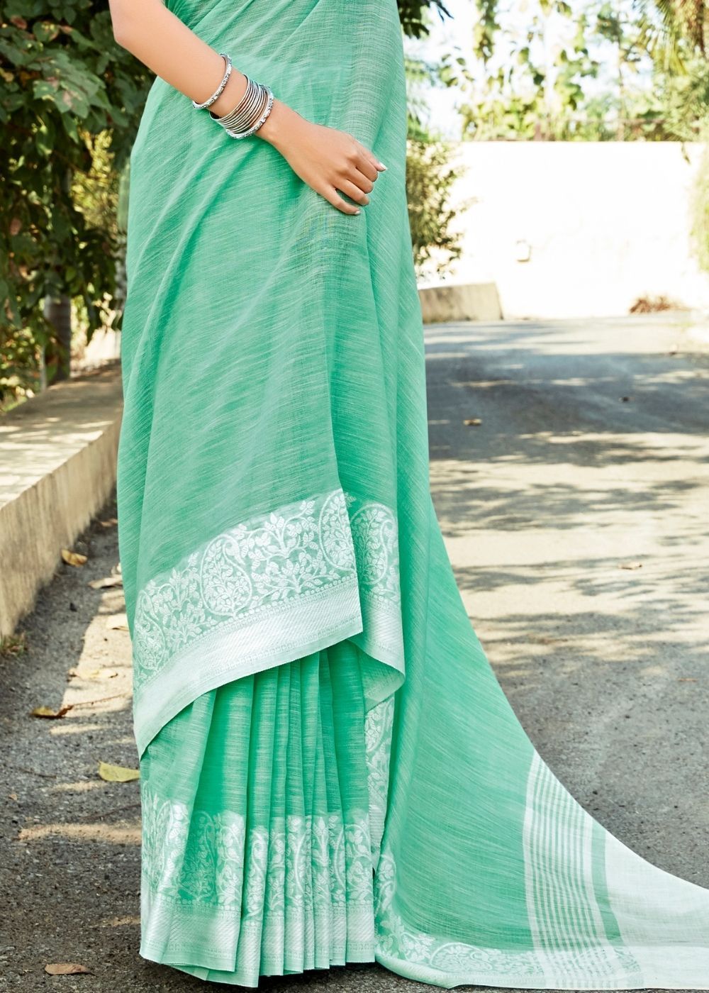 Buy MySilkLove Tradewind Blue Linen Saree Online