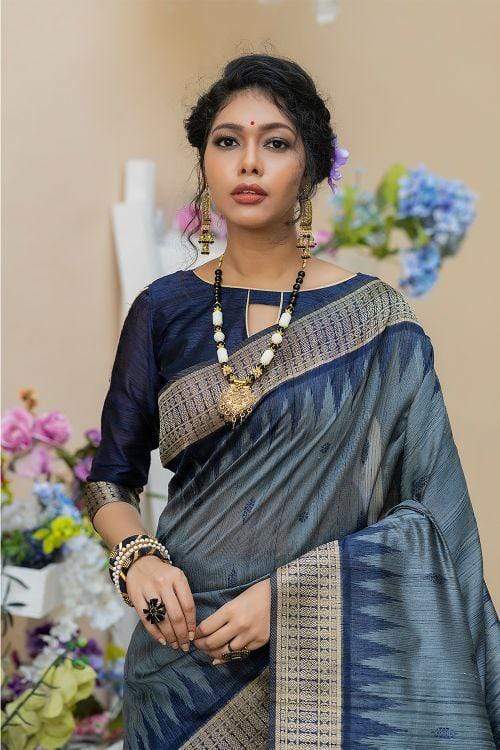 Buy MySilkLove Black Coral Pearl Grey Banarasi Raw Silk Saree Online