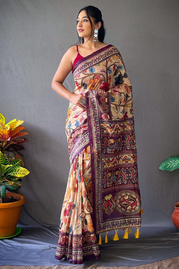 Buy MySilkLove Calico Cream and Red Kalamkari Saree Online