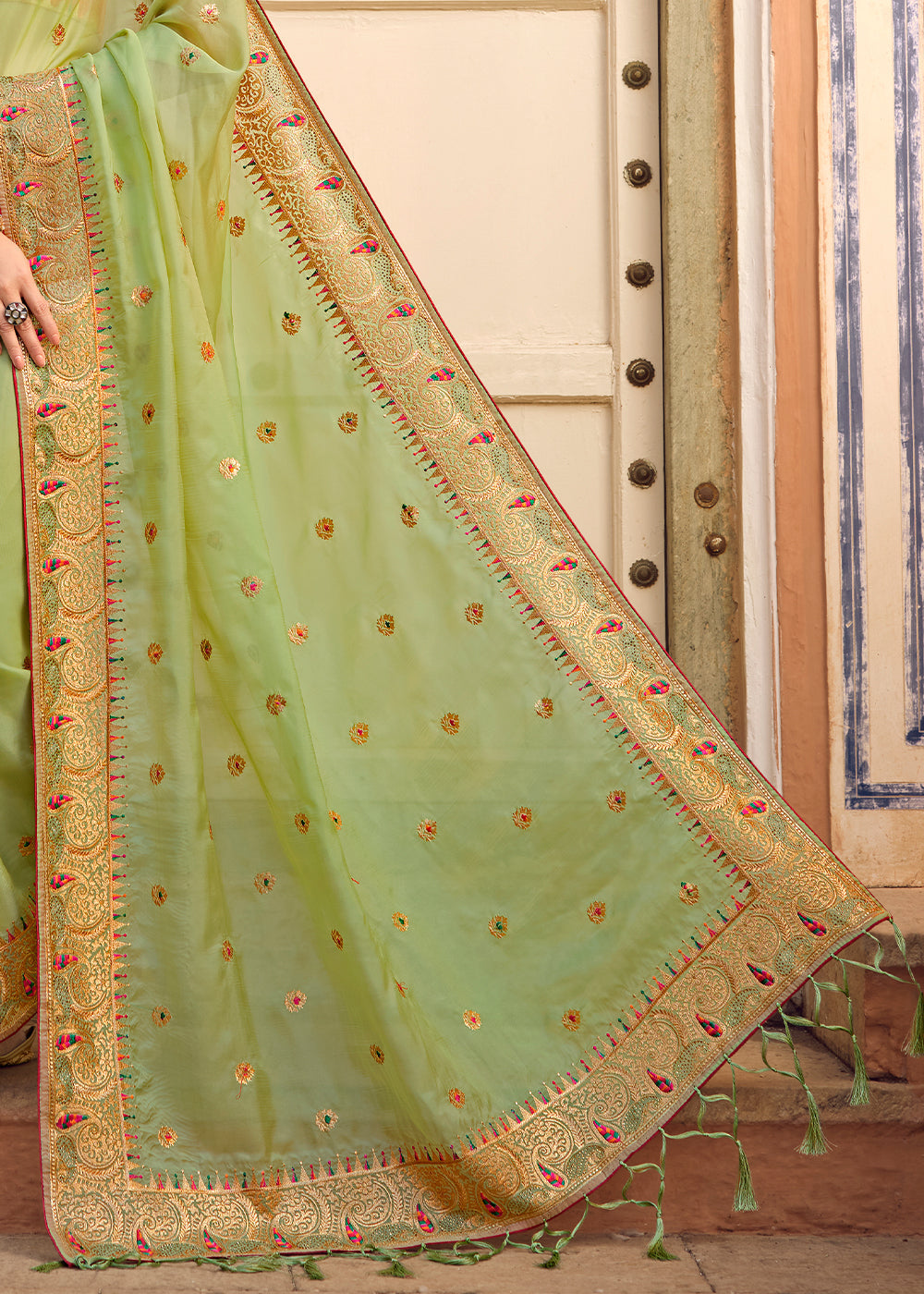 Buy MySilkLove Misty Green Woven Organza Saree with Embroidery Work Online