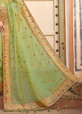 Misty Green Woven Organza Saree with Embroidery Work
