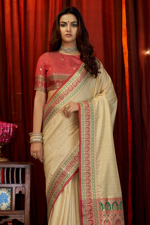 Buy MySilkLove Dairy Cream South Silk Saree Online