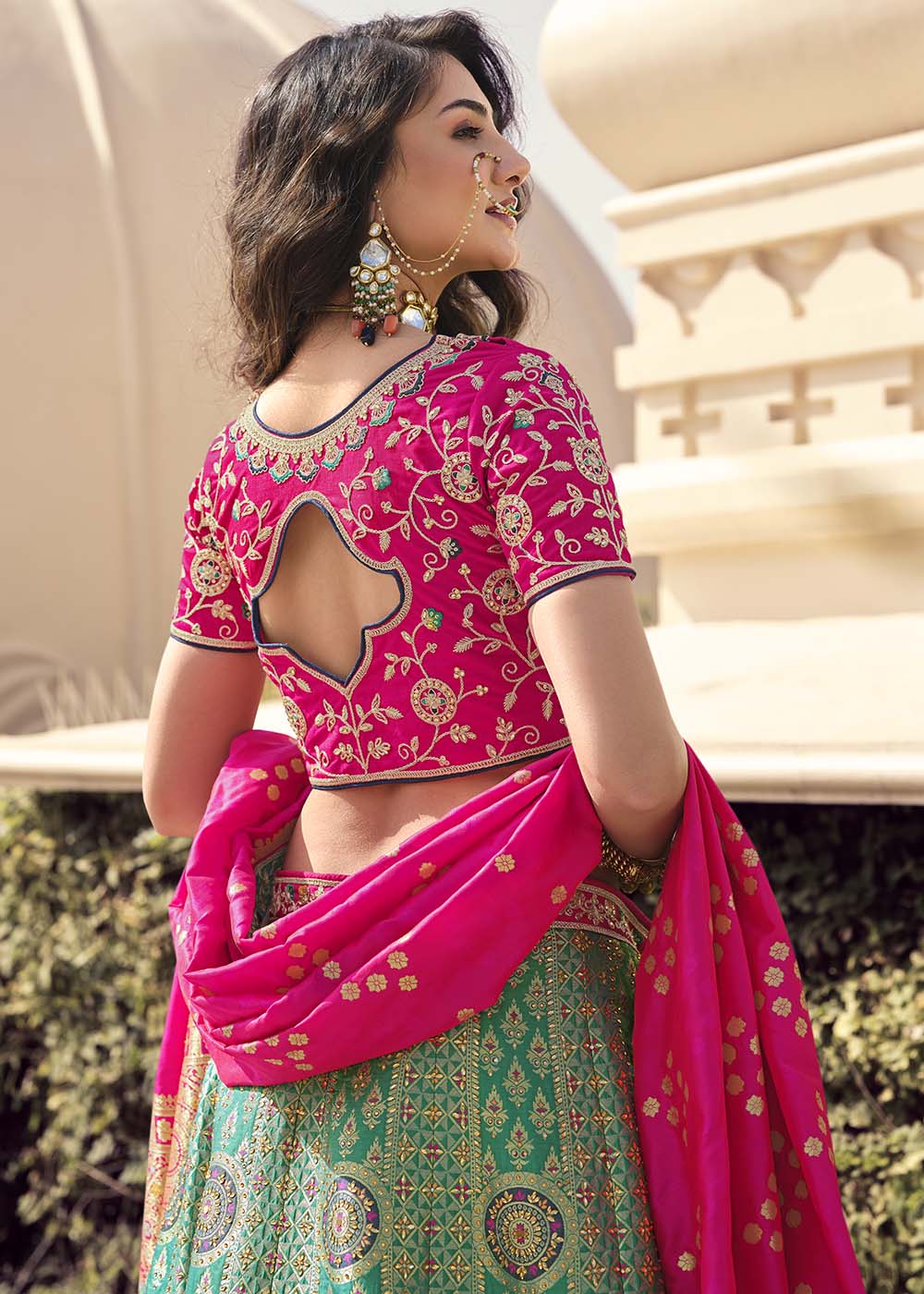 Buy MySilkLove Camouflage Green and Pink Banarasi Silk Lehenga Choli Online