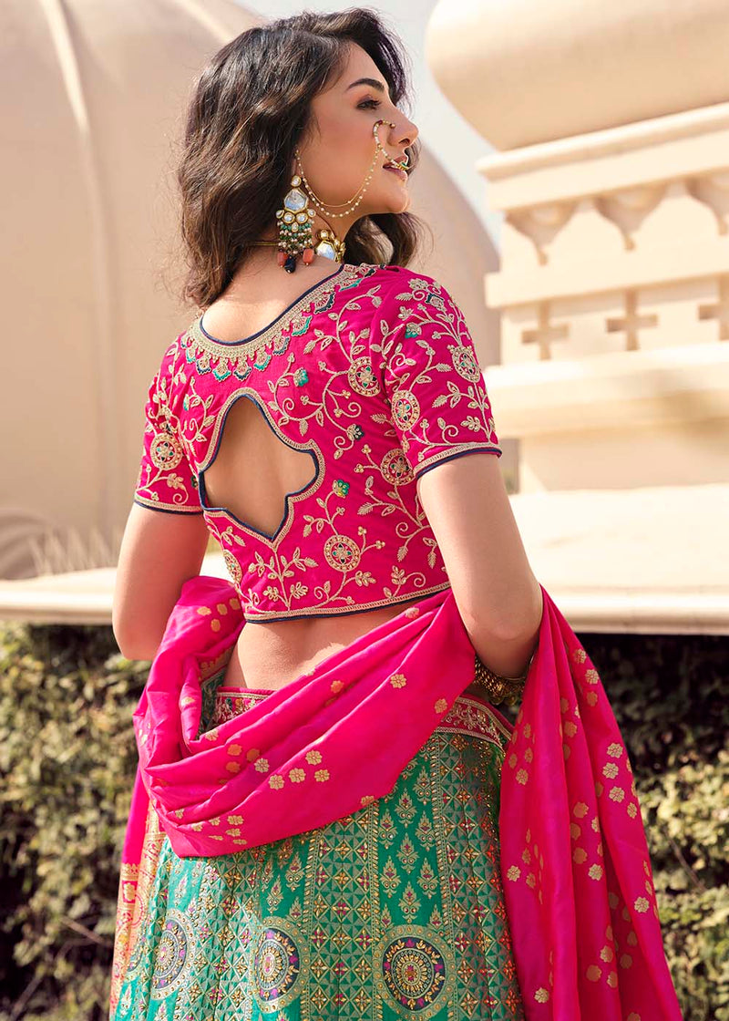 Buy Women Hot Pink Embroidered Tiered Lehenga Set With Contrast Blouse And  Dupatta - Ready To Wear Lehengas - Indya