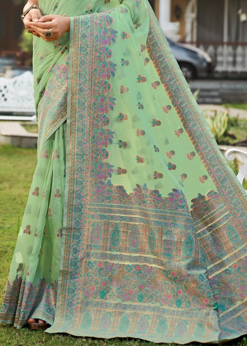 Buy MySilkLove Asparagus Green Kashmiri Weaving Cotton Saree Online