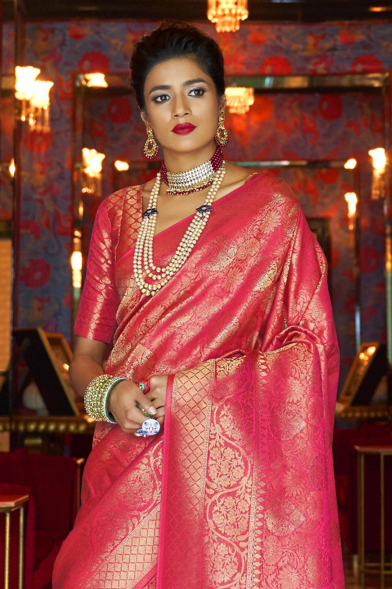 Soft red Zari woven Kanjivaram Silk Saree