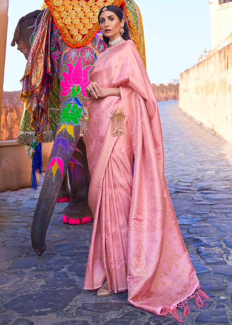Buy Lovely Pink Zari Woven Kanjivaram Silk Traditional Saree - Zeel Clothing