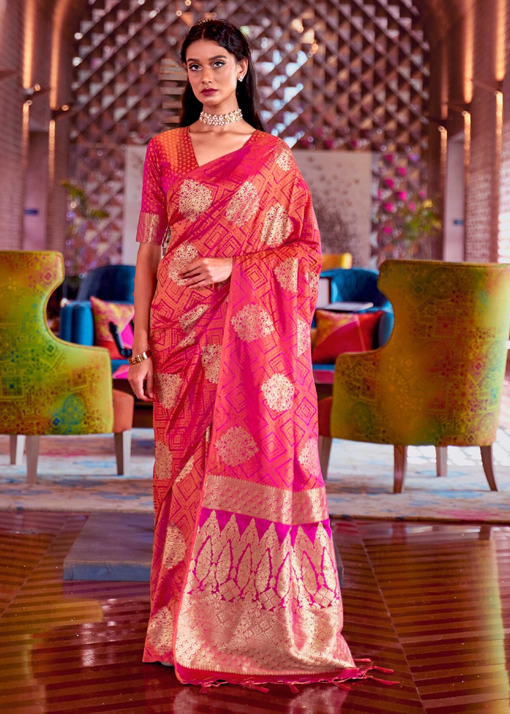 Elegant Rose Pearl Zari Woven Banarasi Saree – Mysilklove