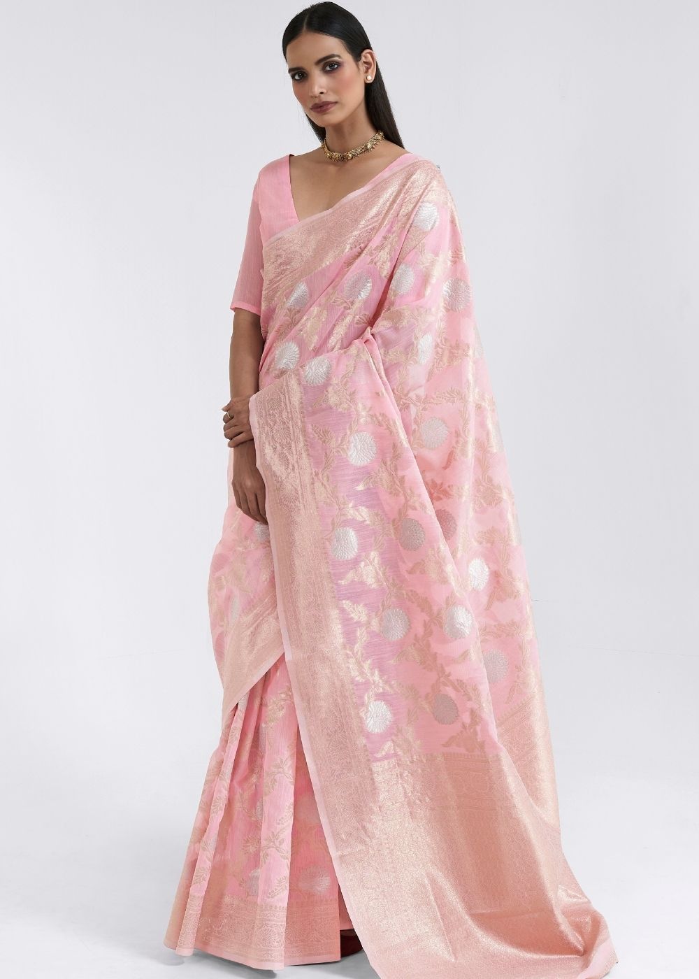 Buy MySilkLove Careys Pink Zari Woven Linen Saree Online