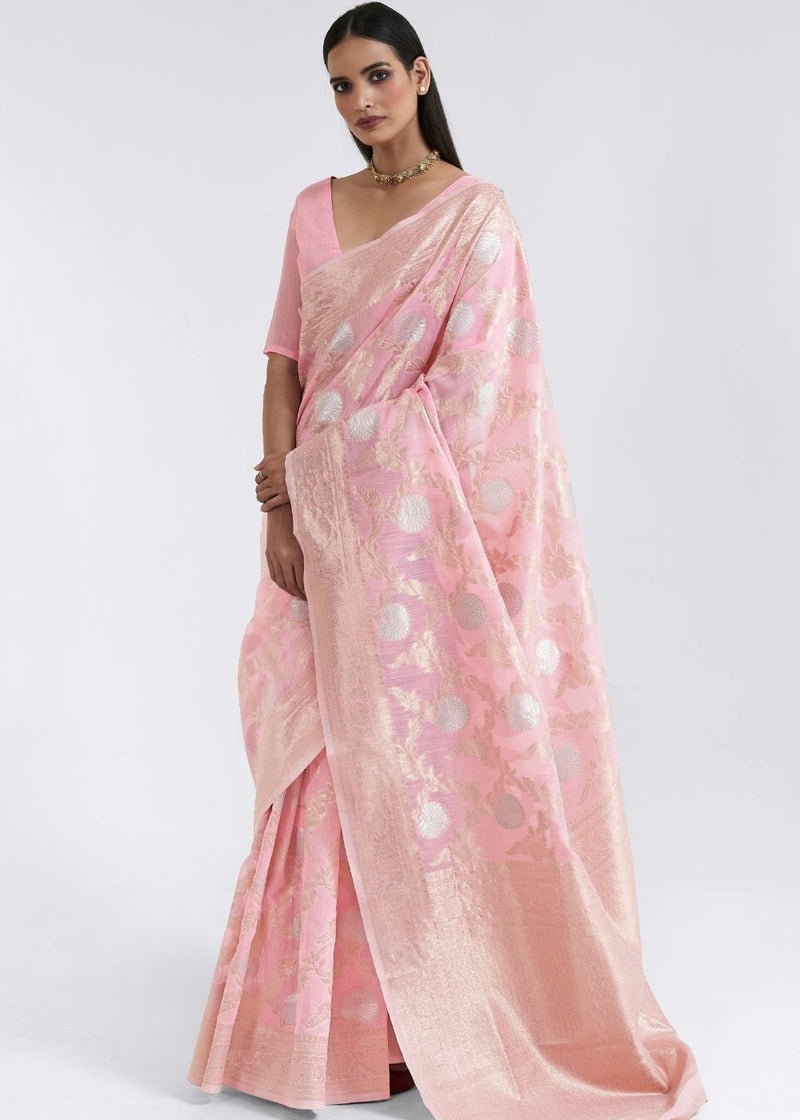 Careys Pink Zari Woven Linen Saree