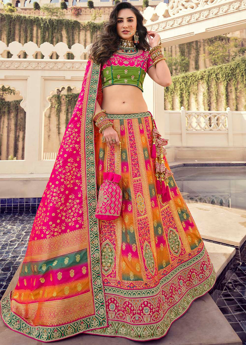 Copper Gold & Blue Silk Designer Bridal Lehenga Choli Online USA India –  Sunasa