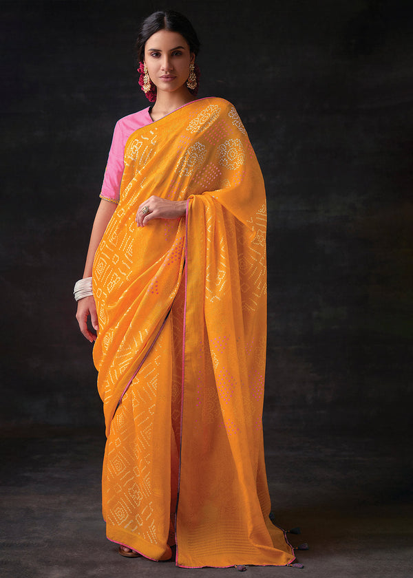 Fire Bush Yellow Bandhani Print Soft Silk Saree