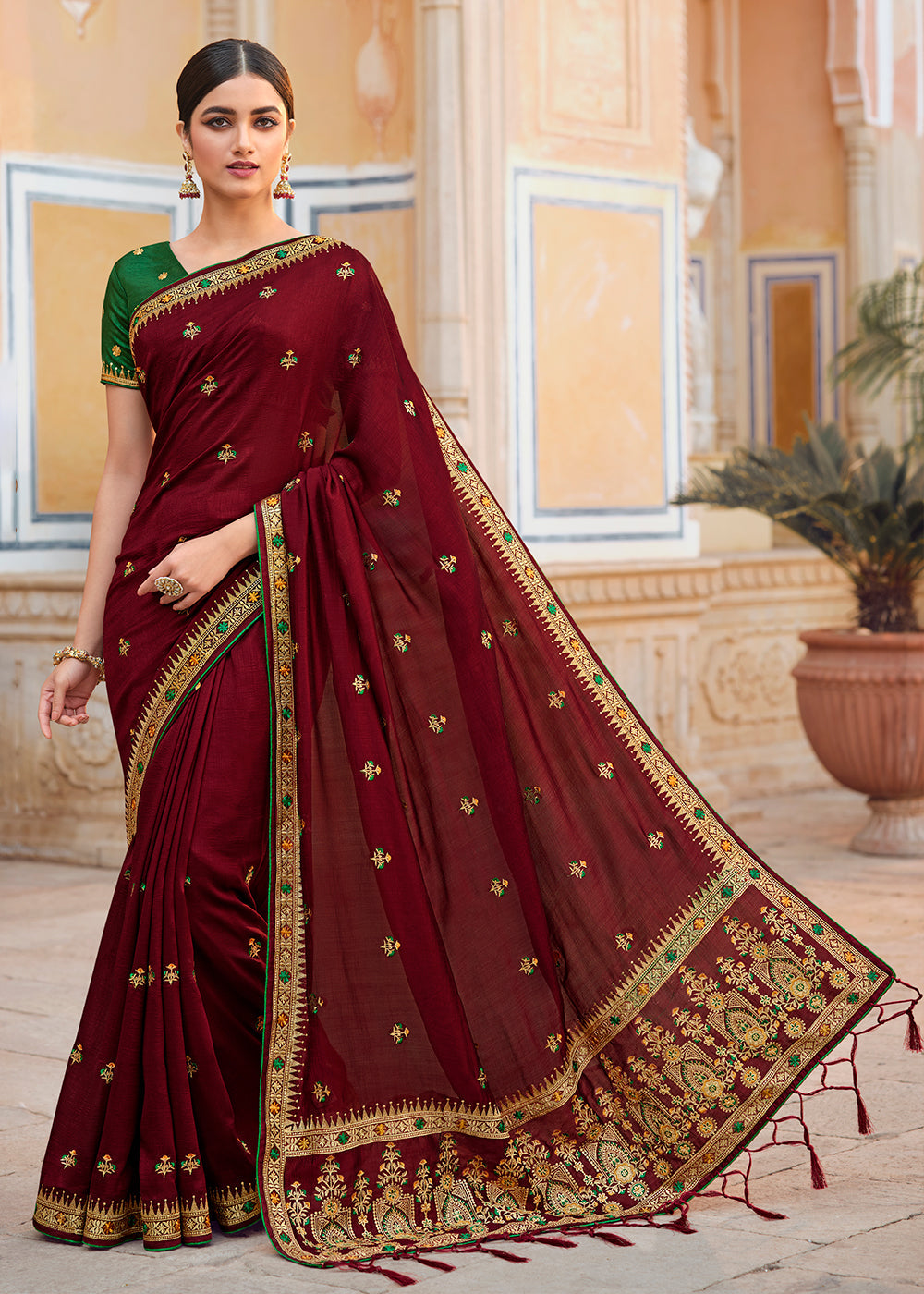 Buy MySilkLove Heath Red Woven Banarasi Saree with Embroidery Work Online